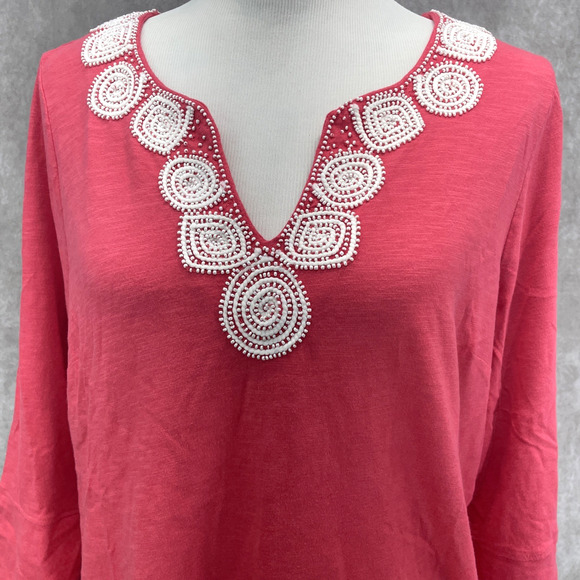 Tommy Bahama Women L Kiera Isle Of Bliss Beaded VNeck Tunic Top Coral Red Resort - Picture 2 of 11